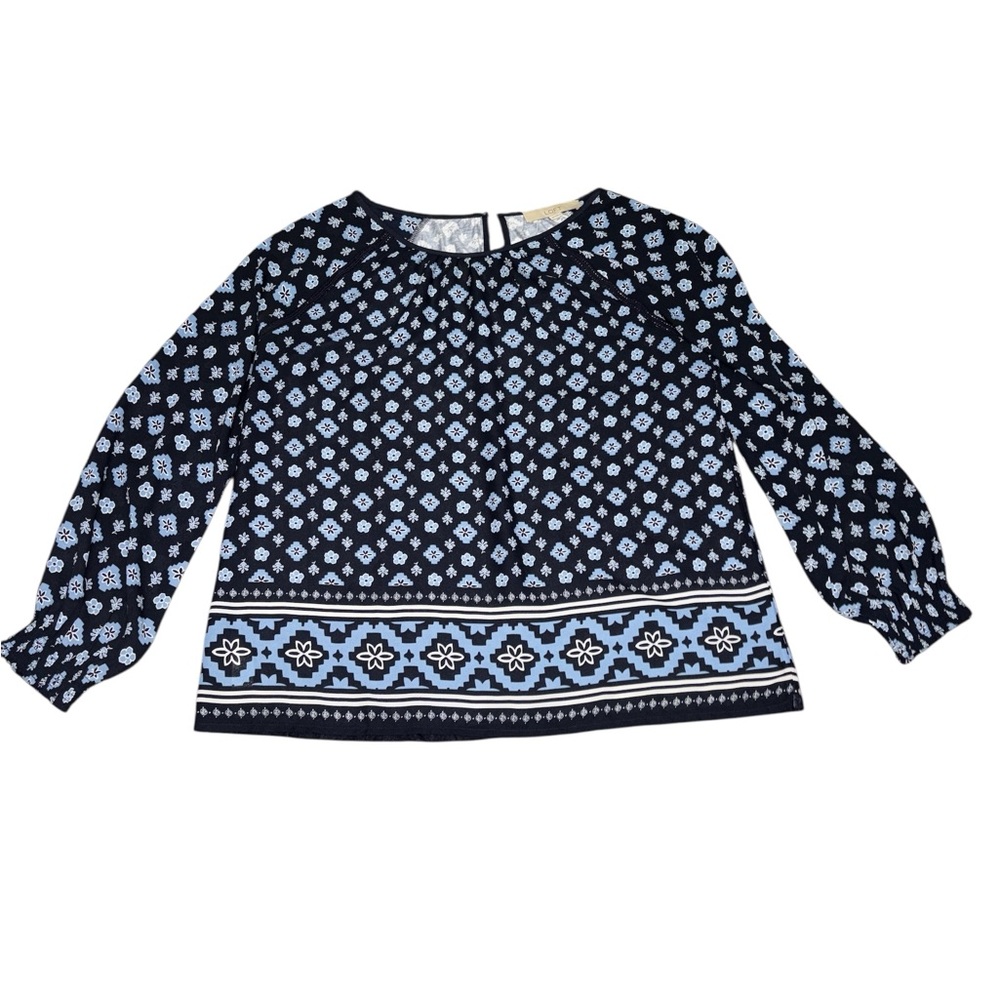 🔥3/$20🔥 LOFT Navy Blue & White Patterned Long Sleeve Blouse Top Medium